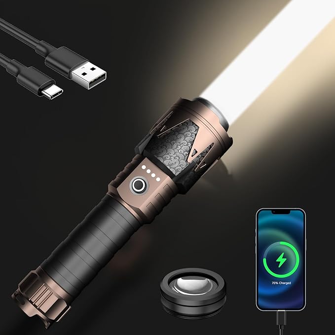 SKYFIRE Rechargeable Flashlight with Ignition Lens&Lightsaber, 3000lm Super Bright Tactical Flashlight Zoomable Waterproof LED Flash Light for Camping Essentials,Outdoor,Home Emergency-Upgraded