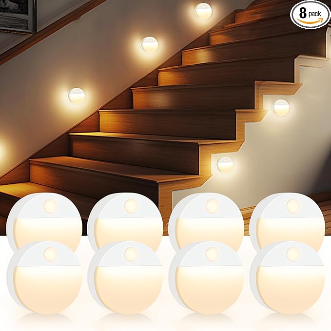 Guankai 8 Pack Motion Sensor Stair Light for Indoor, Battery Operated Night Lights, Led Stick On Puck Lighting Closet Lamp, Motion Activated Lamps for Step, Cabinet, Hallway, Bathroom