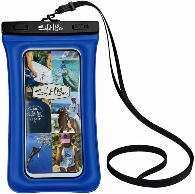 Salt Life Floating Waterproof Phone Case– IPX8 100% Waterproof Phone Case that Floats in Water, Universal Phone Dry Bag with Touchscreen Clear Window, Secure Seal Closure & Lanyard (Blue)