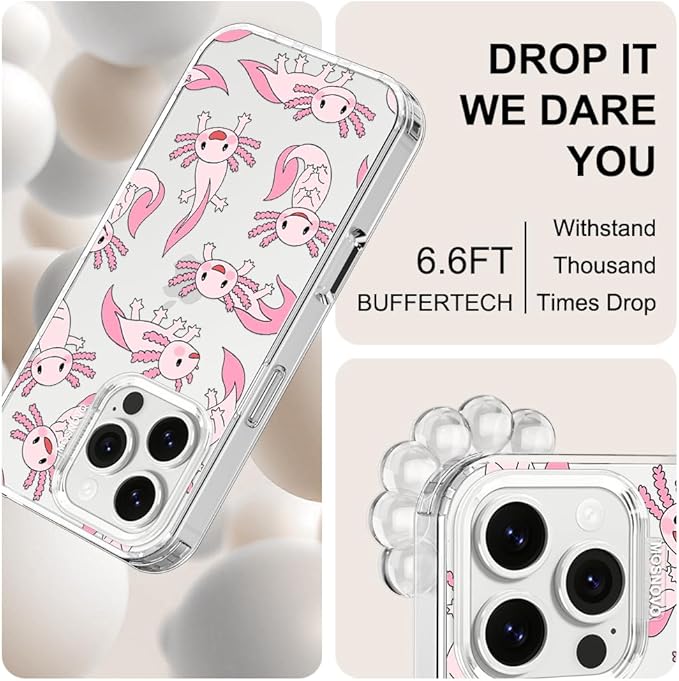 MOSNOVO Case for iPhone 16 Pro, [Buffertech 6.6ft Military-Grade Drop Protection] [Anti Peel Off Tech] Clear TPU Bumper Phone Case Cover Design - Pink Axolotl