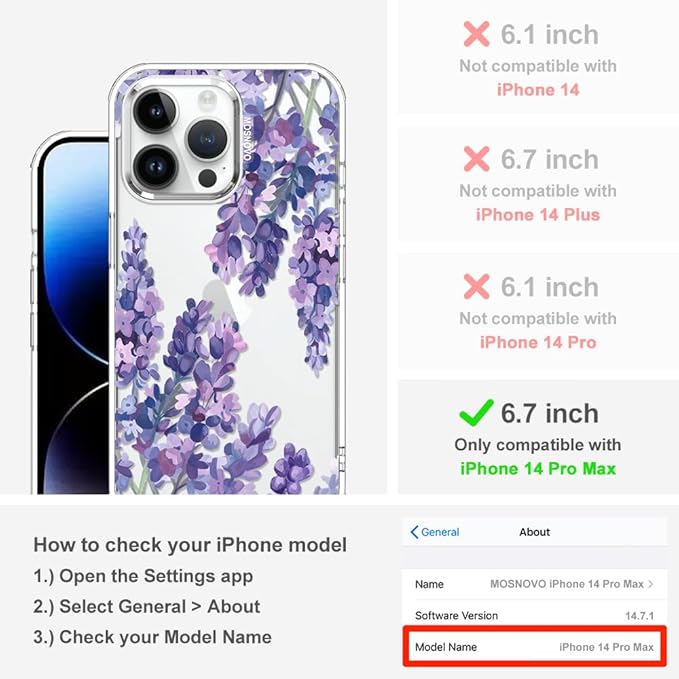 MOSNOVO Case for iPhone 14 Pro Max, [Buffertech 6.6ft Military-Grade Drop Protection] [Anti Peel Off Tech] Clear TPU Bumper Phone Case Cover Design - Lavender