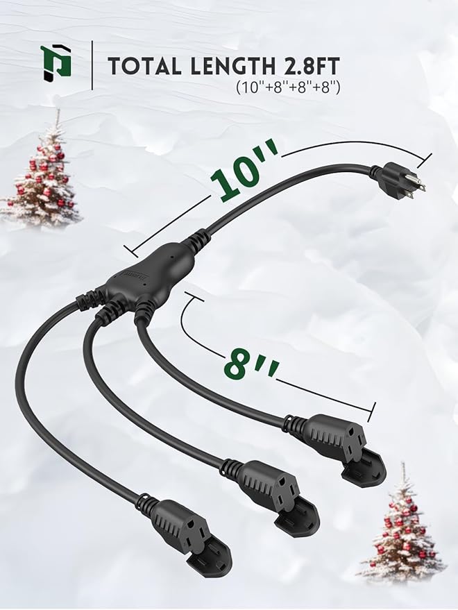 PLUGTUL Outdoor Extension Cord with Multiple Outlets, 1 to 3 Splitter Max 1.5FT End to Male Plug (Total 2.8FT) 16/3 SJTW Waterproof Power Cord for Indoor Outdoor Halloween Christmas, ETL Listed, Black