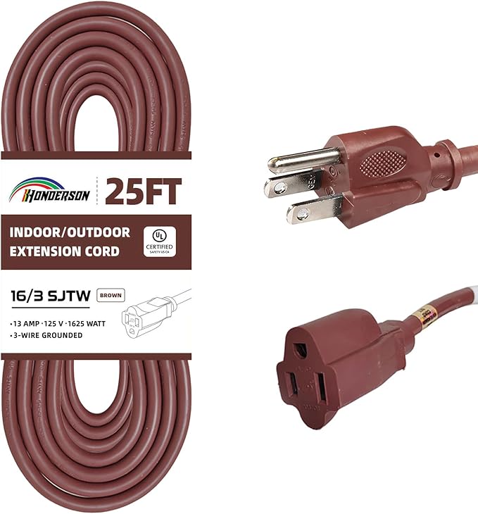 25FT Brown Outdoor Extension Cord-16/3 SJTW Durable Extension Cord for Christmas Lights with 3 Prong Grounded Plug, Great for Outside Christmas Decorations