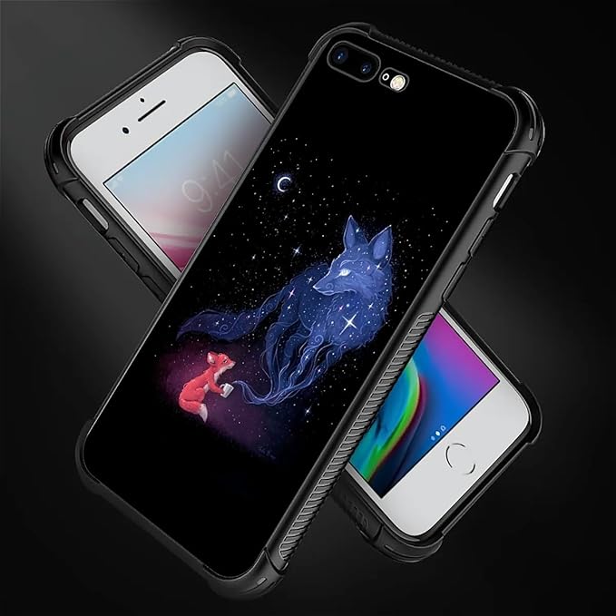 for iPhone 7/8 Case, Galaxy Fox Wolf Pattern Graphic Design Girl Boy Soft Silicone Hard Acrylic Shock Protection for iPhone 7/8
