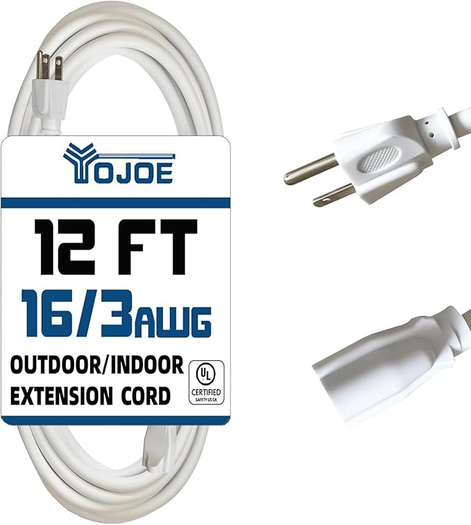 YOJOE Indoor Outdoor Extension Cord, 3 Prong 13A Weatherproof Power Cord, 16 Gauge Heavy Duty 12 ft White Extension Cord for Garage, Garden and Home, 16/3 SJTW UL Listed