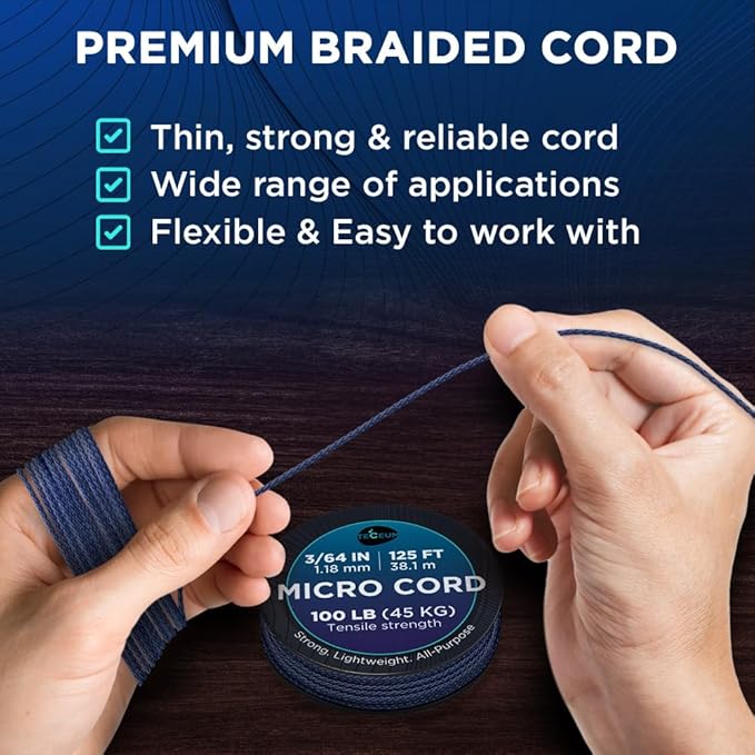 TECEUM Micro Paracord – 1.18 mm X 125 ft – Micro Utility Cord – Thin Braided Paracord Rope – Best for Crafting, DIY Projects, Fishing, Camping – Wind Chime Replacement – Survival Strong String