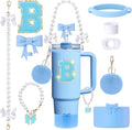 9pcs Stanley Cup Accessories Set- for 30oz 40oz Tumblers with Handle - Bule Kit Includes Bow Straw Topper and Boot, Charm, Pearl Handle Strap & Stickers - Aesthetic Girl Gifts (B)