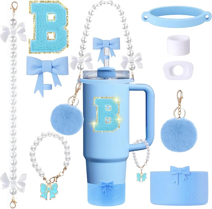9pcs Stanley Cup Accessories Set- for 30oz 40oz Tumblers with Handle - Bule Kit Includes Bow Straw Topper and Boot, Charm, Pearl Handle Strap & Stickers - Aesthetic Girl Gifts (B)