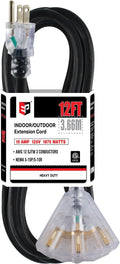 EP 12 Ft 12 Gauge Heavy Duty Extension Cord, 15A 125V 1875W, 3 Outlet Indoor/Outdoor Power Cord with Lighted End, 12/3 SJTW Weatherproof Black
