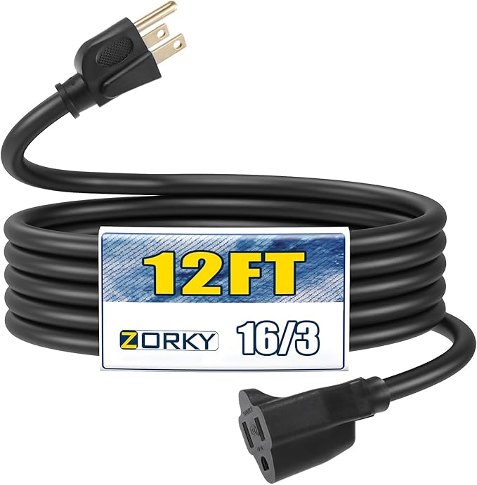 12ft Outdoor Extension Cord - 16/3 Heavy Duty SJTW Waterproof Black Electrical Cable with 3 Prong Grounded Plug for Safety, Great for Lawn and Major Appliances