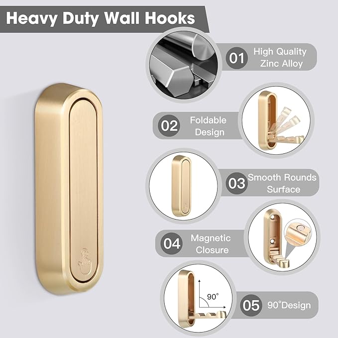 Dntorx Folding Wall Hooks, 4 Pcs Foldable Gold Coat Hooks Heavy Duty Foldable Hook Bathroom Towel Hooks Robe Hooks Wall Mounted for Hanging Coat Towels Clothes Hat Bags Keys