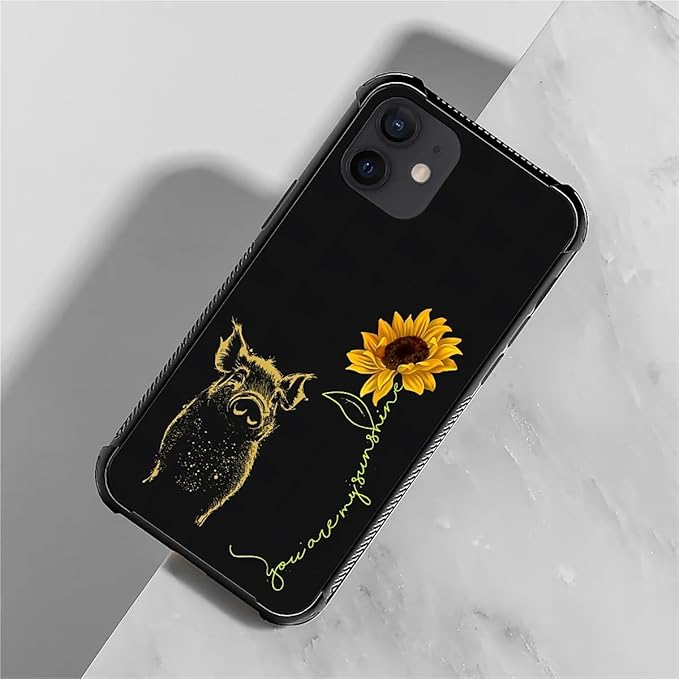 for iPhone 12/12 Pro Case, Pig Sunflower Yellow Sunshine Pattern Graphic Design Girl Boy Soft Silicone Hard Acrylic Shock Protection for iPhone 12/12 Pro