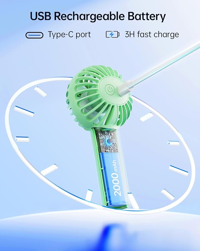 SWEETFULL Mini Portable Fan - Rechargeable Handheld Fan, 3 Speeds Personal Small Hand Gifts for Travel Essentials, Lash, Makeup, Eyelash, Kids, Girls, Women - USB, Cute Design Green