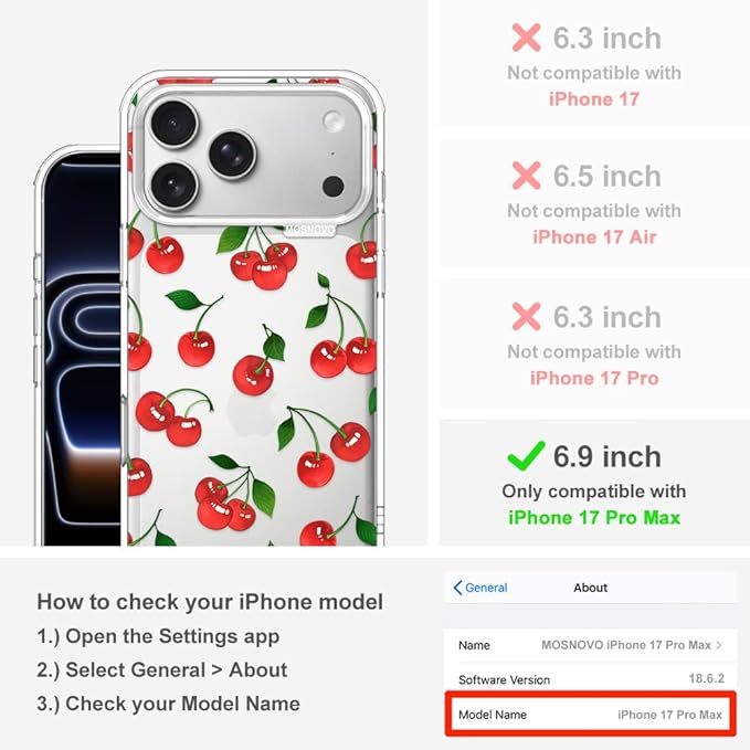 MOSNOVO for iPhone 17 Pro Max Case | Military Grade 6.6ft Drop Tested | Camera Control | Clear with Cute Cherry Design