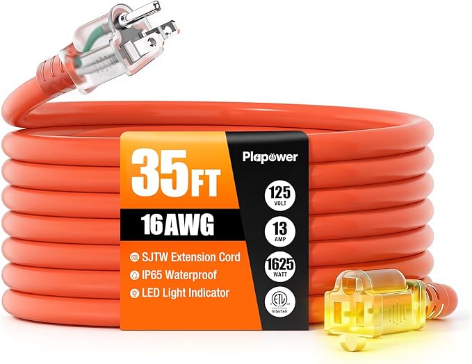 35 FT Outdoor Extension Cord Waterproof, 16/3 Gauge Heavy Duty 3 Prong Power Cord with Lighted Indicator End, 13A 125V 1625W SJTW, ETL Listed, Great for Lawn/Garden/Home(Orange)