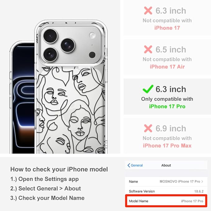 MOSNOVO for iPhone 17 Pro Case | Military Grade 6.6ft Drop Tested | Camera Control | Clear with Abstract Face Line Art Design