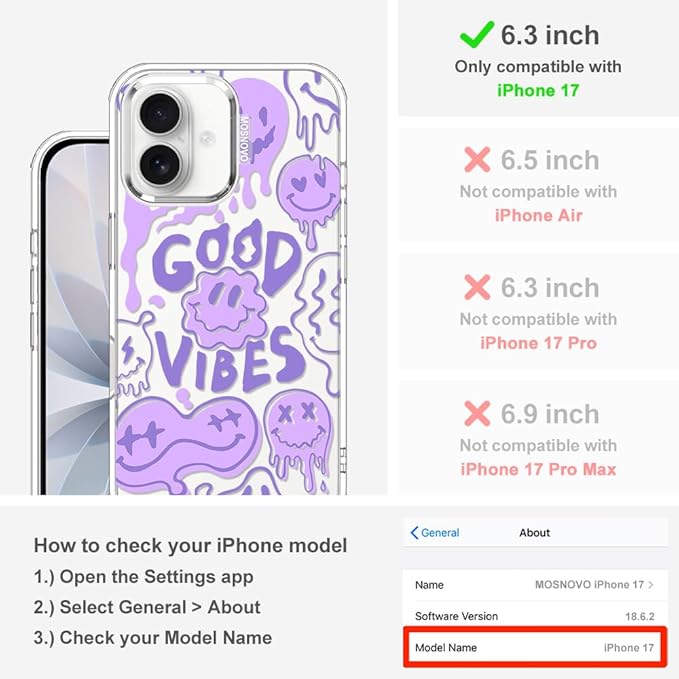 MOSNOVO for iPhone 17 Case | Military Grade 6.6ft Drop Tested | Camera Control | Clear with Good Vibes Design