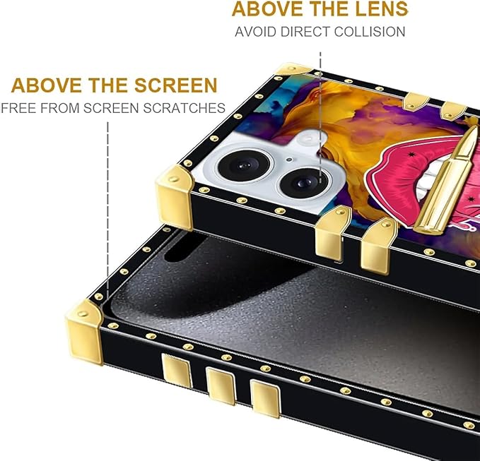 Compatible with iPhone 16 Case, Cool Corlorful Lip Marble Luxury Golden Decoration for Girl Women Soft TPU Shockproof Protective Hard PC Back for iPhone 16