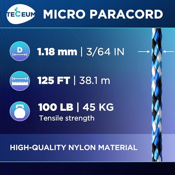 TECEUM Micro Paracord – 1.18 mm X 125 ft – Micro Utility Cord – Thin Braided Paracord Rope – Best for Crafting, DIY Projects, Fishing, Camping – Wind Chime Replacement – Survival Strong String