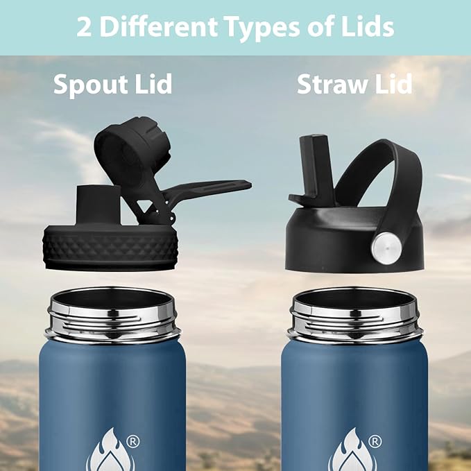 Insulated Water Bottle 40 oz with Straw, Stainless Steel Wide Mouth Water Bottle, Double Wall Vacuum Leak Proof with Straw Lid & Spout Lid for Sports or Office, Keep Cold or Hot Up to 24 Hrs