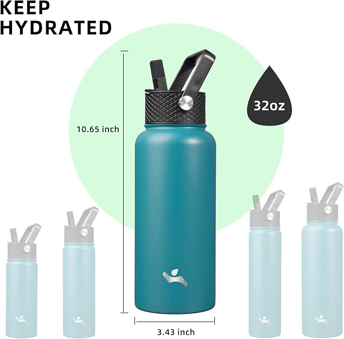 Konokyo 32 oz Insulated Water Bottle Stainless Steel Sport Bottles with 3 Lids,Light Blue