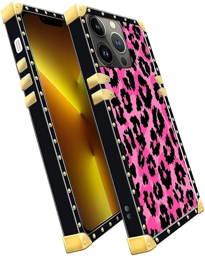 Compatible with iPhone 13 Pro Case, Pink Black Leopard Luxury Golden Decoration for Girl Women Soft TPU Shockproof Protective Hard PC Back for iPhone 13 Pro