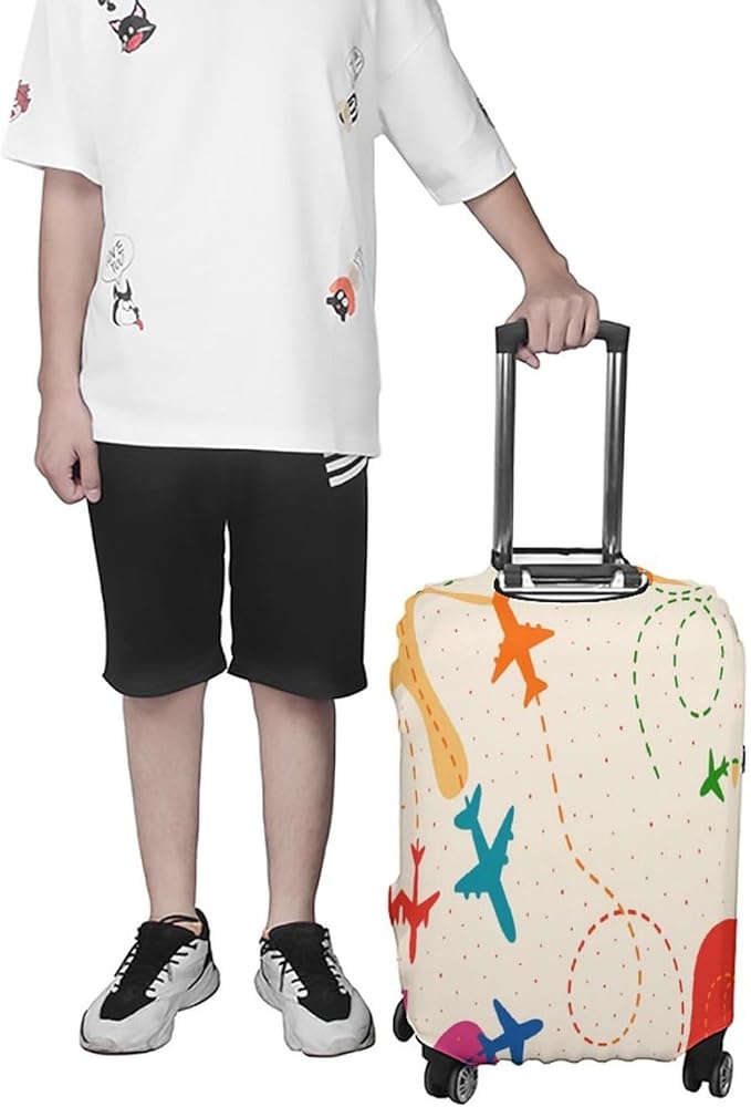 Colorful Airplane Stretch Luggage Cover, Washable Suitcase Protector Fits 30-32in Cases, Secure Fit for Carry On Checked Bags, Travel Essentials
