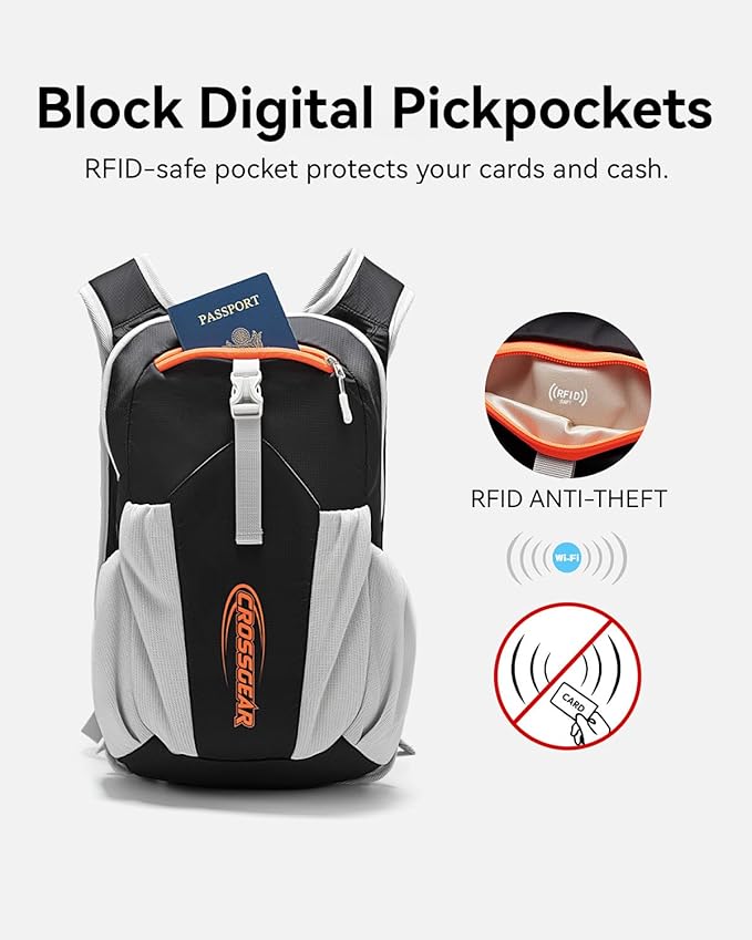 16L Small Hiking Backpack, CROSSGEAR Lightweight Waterproof Foldable Backpack, Travel Camping Outdoor Daypack for Women Men, Black