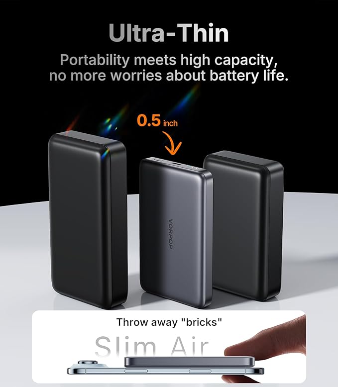 Portable Charger for iPhone, 0.5" Ultra-Slim Magnetic Power Bank, 10,000mAh Fast Charging with USB C Cable, Magsafe Wireless Battery Pack for iPhone 17/16/15/14/13/12 Series Travel Essentials