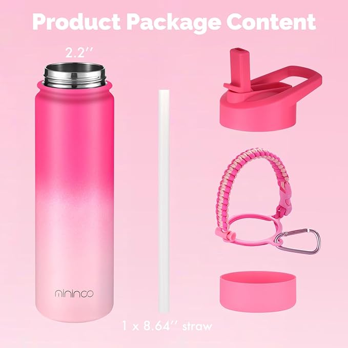mininoo Insulated Stainless Steel Water Bottle with Straw and Lid for Sports, 24 oz, Sweet Peach