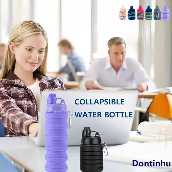 Collapsible Water Bottles 2 Pack Travel water bottle Sports Portable Water Bottle Reusable Water Bottles 500ml. (Black+Light Grey)
