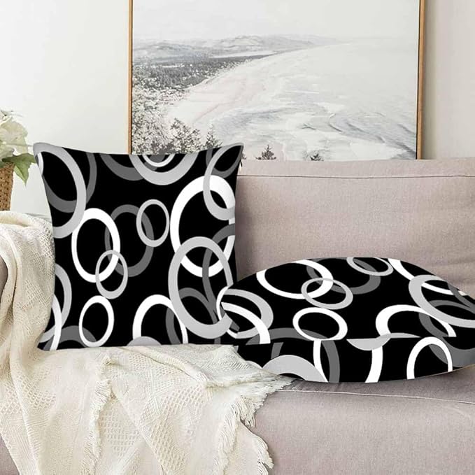 Abstract Geometric Circle 18 X 18 Pillow Covers Black White Decor Artwork Set of 2 Pillow Cases Square Velvet Outdoor Pillowcases Decorative for Home Bed Sofa Couch Hotel