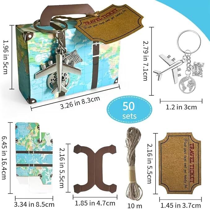 50 Set World Map Mini Suitcase Favor Boxes Party Favor Candy Box with Airplane Keychains Travel Ticket and Burlap Twine for Travel Themed Party, Bridal Shower, Wedding Decorations