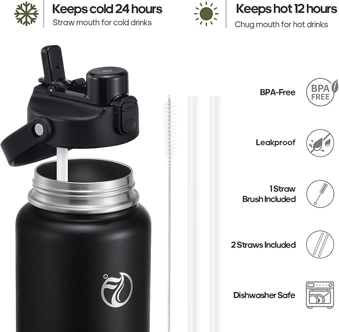 64oz Half Gallon Insulated Water Bottle with 2-in-1 Lid (Chug & Straw), Double Walled Vacuum Stainless Steel Water Bottles, Wide Mouth Leakproof Insulated Jug with Straw