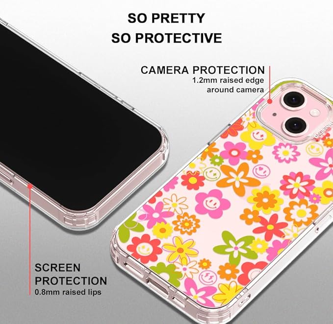 MOSNOVO Case for iPhone 15, [Buffertech 6.6ft Military-Grade Drop Protection] [Anti Peel Off Tech] Clear TPU Bumper Phone Case Cover Design - 70's Groovy Floral