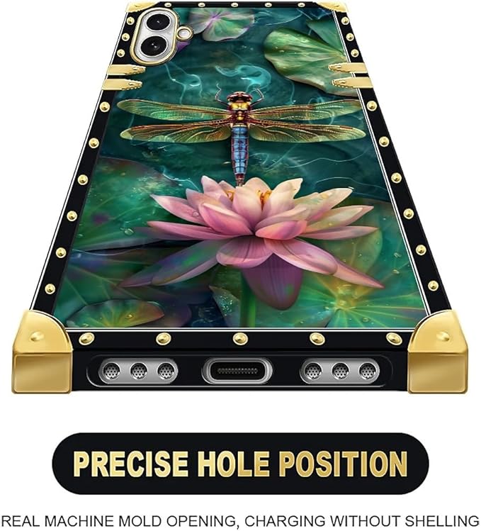 for iPhone 17 Case Luxury Golden Decoration for Girl Women Soft TPU Shockproof Protective Hard PC Back for iPhone 17 Crazy Pattern Colourful Dragonfly Pink Lily Pads