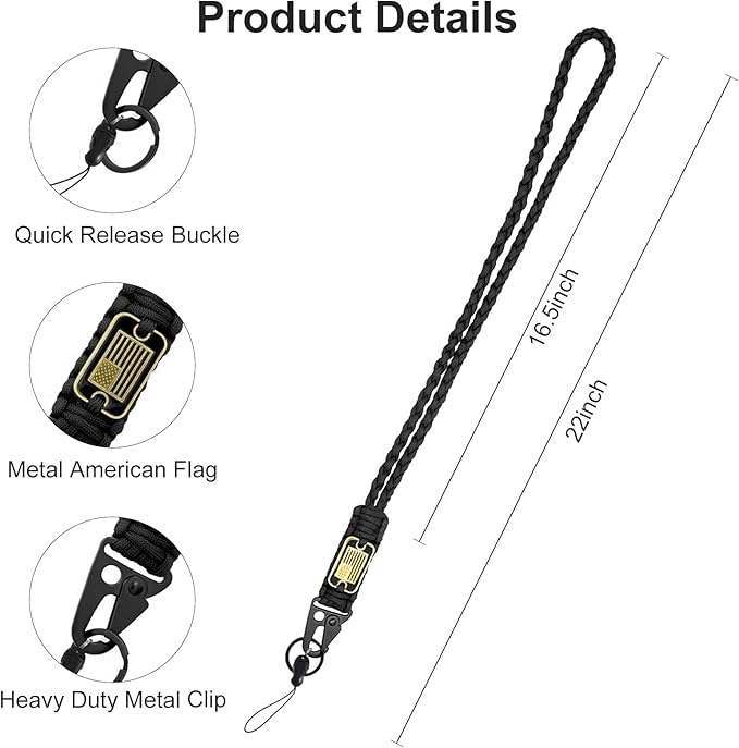 2 Pcs Stylish and Durable Lanyard for Keys - Heavy Duty Paracord Neck Lanyard with USA Flag Design for Wallets, Whistles, Cameras, and Phones - Perfect for Outdoor Activities[Black]