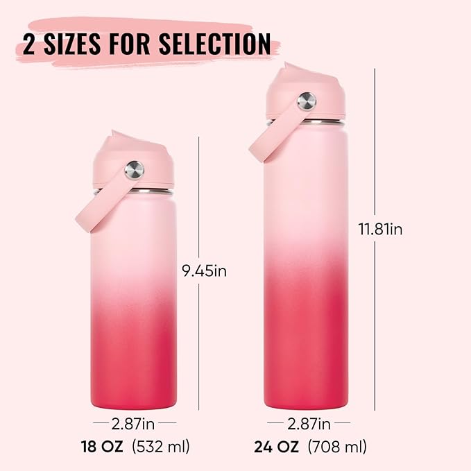 Fijinhom 18oz Insulated Stainless Steel Water Bottle, Wide Mouth Double Wall Vacuum, Silicone Straw, Sweat & Leak Proof, BPA Free Insulated Water Flask for Travel, Keep Cold 24h Hot 12h, Pink Gradient