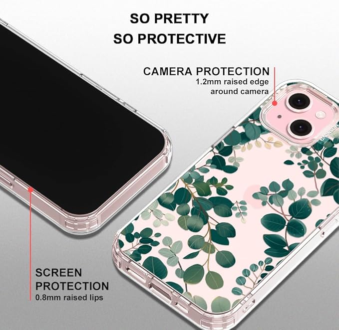 MOSNOVO Case for iPhone 15 Plus/iPhone 14 Plus, [Buffertech 6.6ft Military-Grade Drop Protection] [Anti Peel Off Tech] Clear TPU Bumper Phone Case Cover Design - Eucalyptus