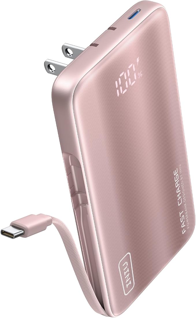 INIU 3-in-1 Portable Charger, 45W 10000mAh Fast Charging Power Bank, Built-in USB C Cable & Foldable Wall Plug, Travel Essentials, Battery Pack for iPhone 17 16 15 Series, Samsung, MacBook, etc. Pink