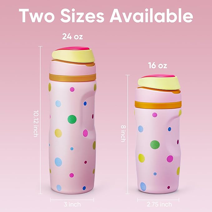 Fijinhom 24 oz Insulated Water Bottle,Stainless Steel Sports Water Bottle with Straw, Double Wall Vacuum Leak Proof, Cold for 24 Hours, BPA Free for Travel, Sport, Outdoor, Polka dot