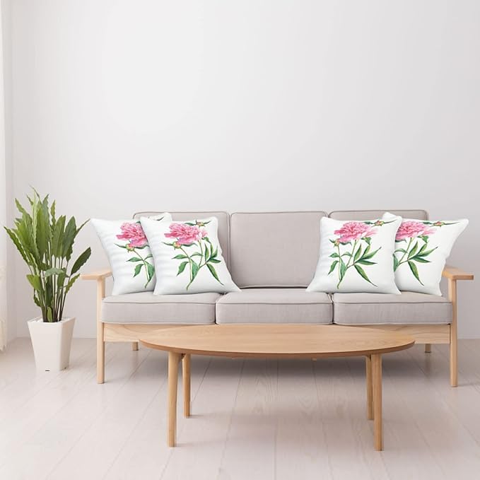 Ambesonne Watercolor Flower Throw Pillow Cushion Case Pack of 4, Vintage Peony Painting Botanical Spring Garden Flower Nature Theme, Modern Accent Double-Sided Digital Printing, 16", White Pink