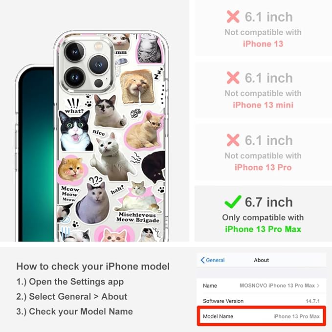 MOSNOVO Case for iPhone 13 Pro Max, [Buffertech 6.6ft Military-Grade Drop Protection] [Anti Peel Off Tech] Clear TPU Bumper Phone Case Cover Design - The Cat Brigade