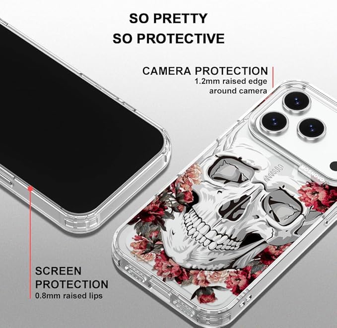 MOSNOVO for iPhone 17 Pro Case | Military Grade 6.6ft Drop Tested | Camera Control | Clear with Red Flower Skull Design