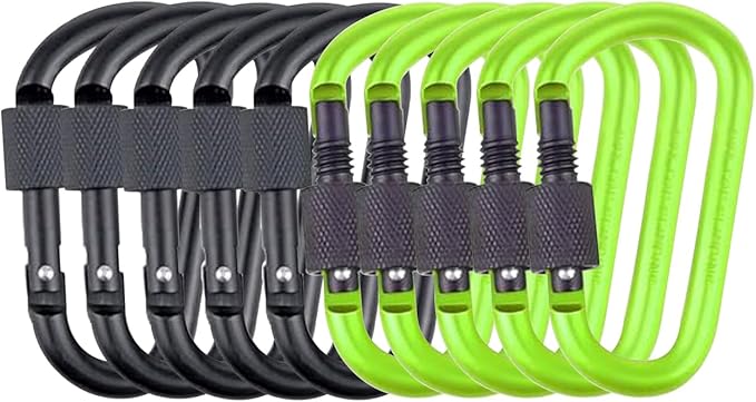 10 Pack Aluminum D Ring Key Rings Hiking Clips Locking Carabiner for Hiking Camping Fishing and Outdoor Use，Clips with Screw Gate Multicolored