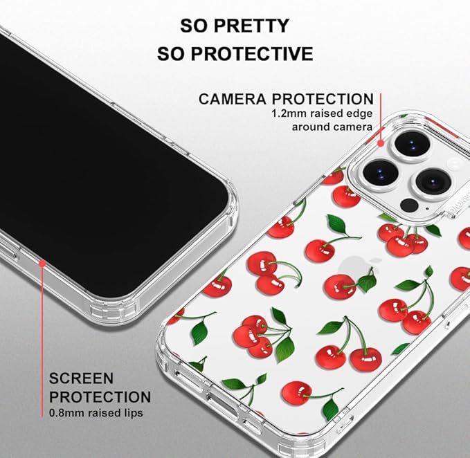 MOSNOVO Case for iPhone 14 Pro, [Buffertech 6.6ft Military-Grade Drop Protection] [Anti Peel Off Tech] Clear TPU Bumper Phone Case Cover Design - Cute Cherry