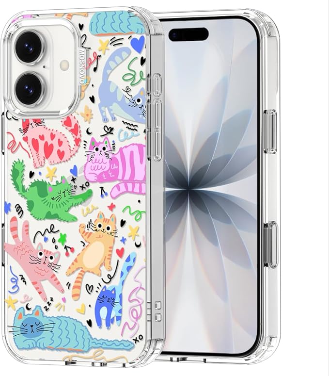 MOSNOVO for iPhone 17 Case, Shockproof Military-Grade Protection 6.6ft Drop Tested, Camera Control, Clear Phone Case for iPhone 17, Doodle Cats Design