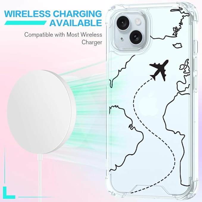 FANXI Minimalist Airplane Travel Map Phone Case Compatible with iPhone 15 (6.1 Inch) - Shockproof Clear Soft TPU Protective Cover with Airplane Design for Women Men and Girls