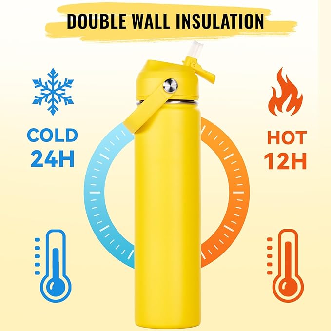 Fijinhom 24oz Insulated Stainless Steel Water Bottle, Wide Mouth Double Wall Vacuum, Silicone Straw, Sweat & Leak Proof, BPA Free Insulated Water Flask for Travel, Keep Cold 24h Hot 12h, Yellow