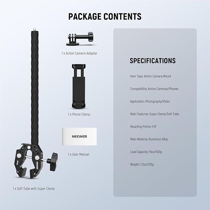 Neewer Action Camera Mount Kit with Super Clamp, Soft Tube, Adapter, Phone Holder for Flat/Round Surfaces, Compatible with GoPro, Insta360, DJI Action Camera, Smartphone